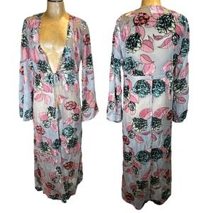 En Creme Womens Gray Pink Floral Velvet Burnout Sheer Duster Kimono Cardigan M